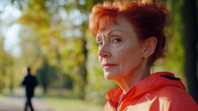 A woman with red hair walks in a park during the autumn season. She is wearing a rain jacket and sweatshirt, suggesting a cool or rainy day.