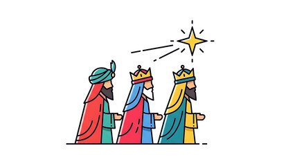 Illustration of the Three Wise Men following the Star of Bethlehem, depicting the Epiphany story in a colorful line art style.