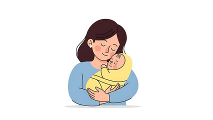 A heartwarming illustration of a mother gently cradling her sleeping newborn baby in her arms, depicting love and tenderness.