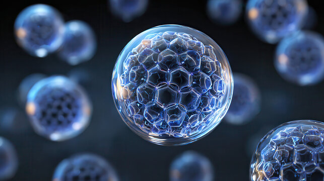 Abstract blue hexagonal cellular structures floating in darkness