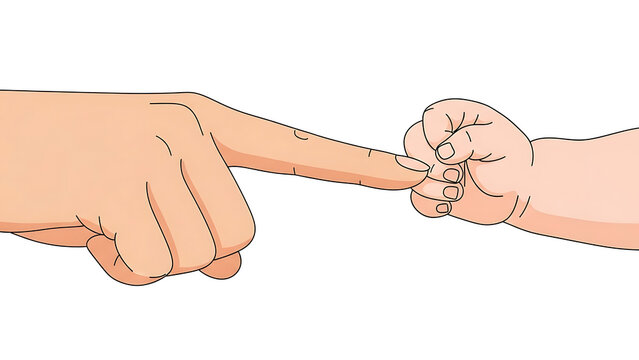 Close-up illustration of an adult's finger gently touching a baby's small fist, symbolizing connection and new life.