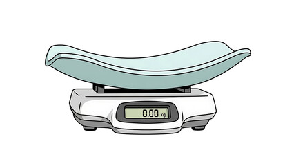 A digital baby scale with a light blue curved tray and a display showing 0.00 kg.