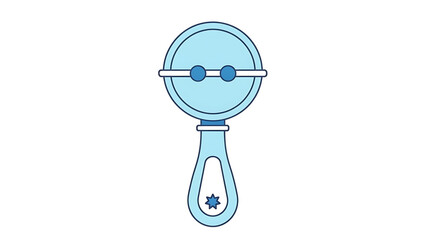 A simple light blue baby rattle with a round head and a handle, featuring small internal beads and a star detail.