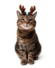 Fototapeta premium Cute cat dress up with funny reindeer horn headband looking at camera for Merry Christmas greeting card and Happy New Year holiday celebration.