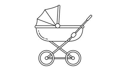 A black and white line art illustration of a baby carriage with a canopy and wheels, designed for infant transport.