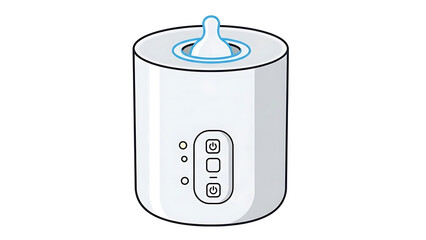 A white cylindrical baby bottle warmer with a nipple on top and control buttons.