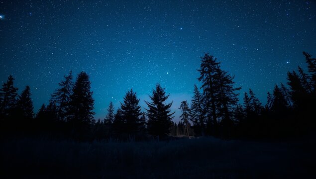 Deep blue starry night sky above a dark pine forest scene
