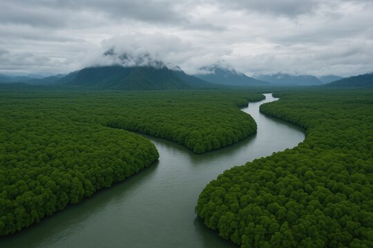 Expansive emerald mangrove forest meets winding river under misty mountains and cloudy sky, landscape, aerial view, nature photography, forest