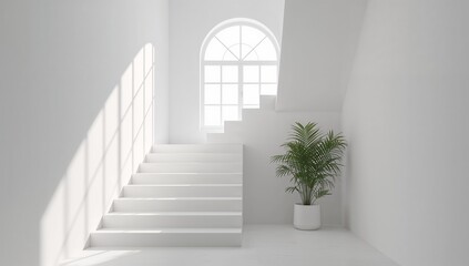 Fototapeta premium Bright minimalist white staircase with sunlit window view