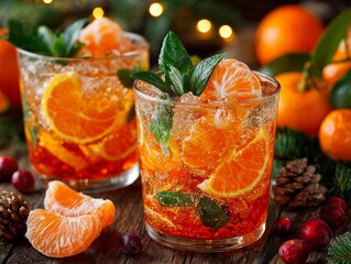 Festive winter cocktail with tangerine, mint, and cranberry. Refreshing drink for Christmas or New Year celebration party. Beverage concept.