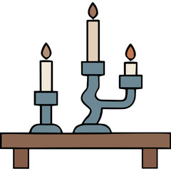 Obraz premium Candlestick With Three Candles On A Wooden Shelf Simple Illustration With Warm Lighting And A Dark Background