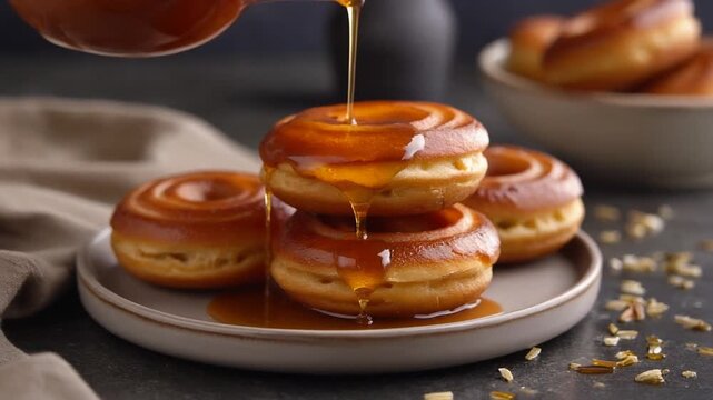 Close-up shot of caramel sauce being poured over a stack of glazed donuts on a plate with oats scattered around on a dark table.