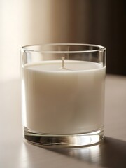 Elegant milky wax candle in clear glass jar, soft lighting effect
