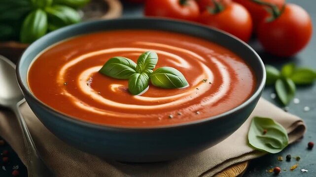 A bowl of tomato soup with a swirl of cream and basil leaves on top, placed on a napkin with a spoon, surrounded by fresh tomatoes and herbs on a dark surface.