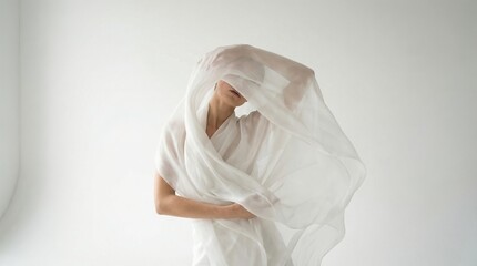 Woman wearing white translucent fabric. Concept of Cloud Dancer 2026 year color, elegance, and fashion.