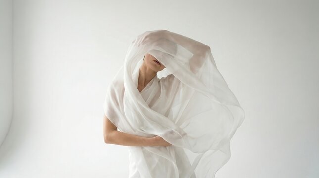Woman wearing white translucent fabric. Concept of Cloud Dancer 2026 year color, elegance, and fashion.