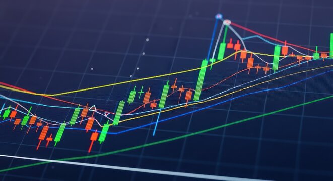 Analyzing complex candlestick charts with trend lines for investment decisions