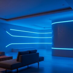Futuristic interior lounge with minimalist furniture and neon lighting