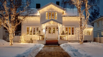 Festive Home Decorated with Holiday Lights in Winter Evening Glow