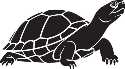 Stylized black silhouette of a happy turtle, looking up, walking with a textured shell design, side profile.
