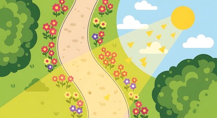 Idyllic garden scene with vibrant flowers and gentle sunlight stream