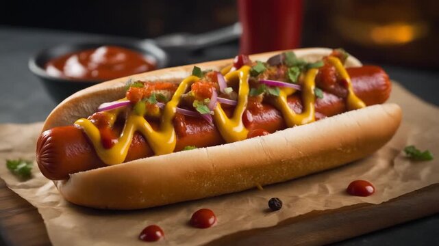 Close-up of a hot dog on a bun topped with mustard, ketchup, and herbs on a wooden board with a shallow depth of field.