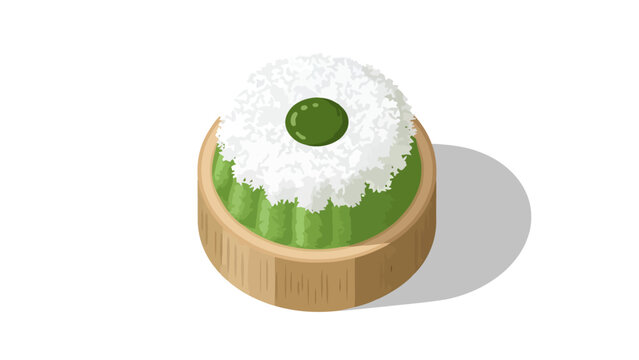 Delicious Matcha Green Tea Dessert in a Wooden Bowl with Fluffy White Topping sweet dessert indonesian food putu bambu traditional