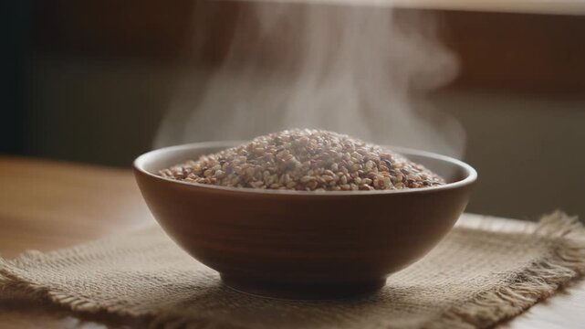 Steaming bowl of oatmeal on a burlap mat on a wooden table with a dark background and warm tones.