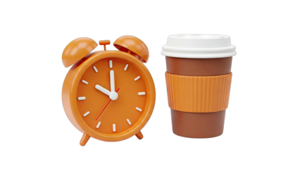 Bright Orange Alarm Clock and Disposable Coffee Cup with White Lid and Orange Sleeve Against a Clean White Background Perfect for Morning Routine Concepts