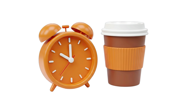 Bright Orange Alarm Clock and Disposable Coffee Cup with White Lid and Orange Sleeve Against a Clean White Background Perfect for Morning Routine Concepts