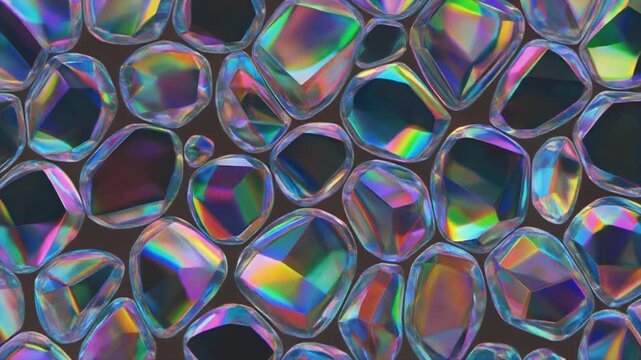 4K Macro Seamless Loop of Iridescent Transparent Crystal Micro Cells with Rainbow Refraction and Abstract Liquid Glass Texture