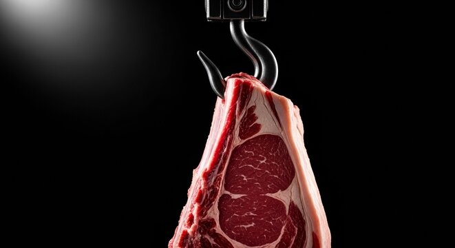 Raw meat hanging on hook in dark minimalist background  . Farm meat store concept.copy space.