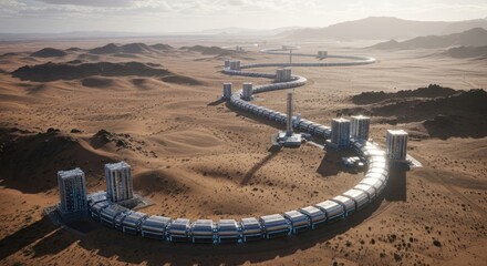 Futuristic city winding through a vast desert landscape under a cloudy sky.