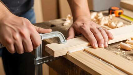 Detailed view of woodworking with clamping tools and wood craftsmanship