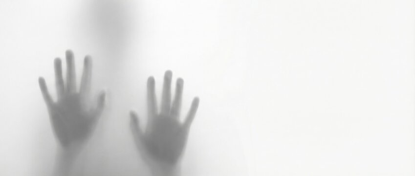 Blurry outline of person with hands pressed against frosted glass, creating a spooky and mysterious silhouette. Anxiety, depression, fear, feeling trapped concept. Banner with copy space - Powered by Adobe