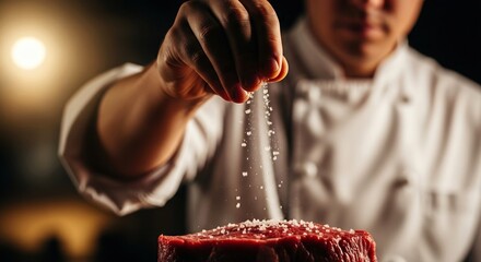 Chef sprinkling salt on raw steak in dark kitchen setting . Farm meat store concept. copy space.