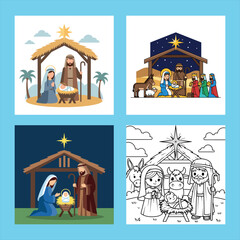 Set of four distinct vector illustrations depicting the Nativity Scene, Holy Family, and the Magi, including flat design and line art styles, Concept of Christmas design assets