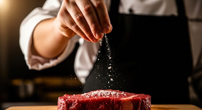 Chef seasoning raw steak with salt on wooden cutting board  . Farm meat store concept.copy space.