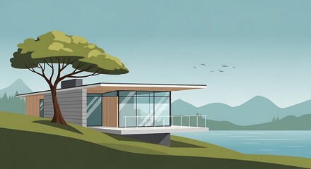 Modern house by the lake with minimalist vector design illustration