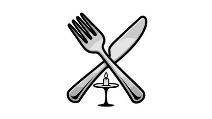 Fototapeta premium A elegant black and white image showing a knife and a fork crossed over a table with a candle.