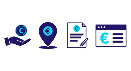 Money transfer icons Hand holding Euro coin, location pin with Euro symbol, document with Euro symbol, and web page with Euro symbol