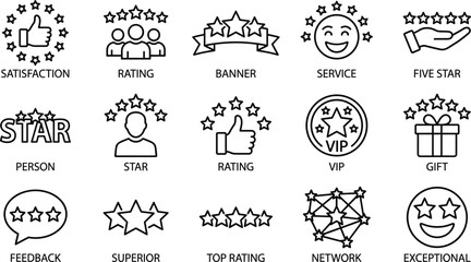 Customer satisfaction and star rating line icons collection featuring feedback, service quality, reviews, VIP badge, superior performance symbols