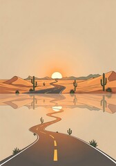Serene desert road scene reflecting the sun setting in the horizon