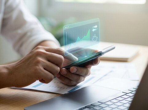 Smartphone online banking dashboard hologram