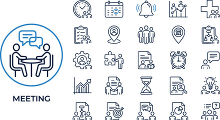 Business meeting icons collection, teamwork communication symbols, corporate discussion graphics, planning, collaboration, schedule, productivity, office workflow illustration set