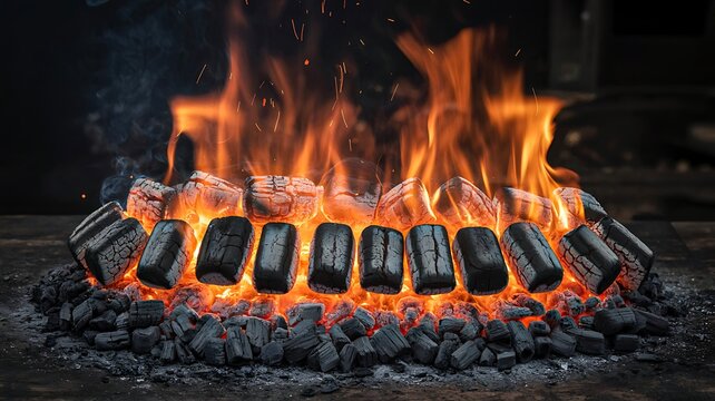 Burning charcoal briquettes glowing with flames in outdoor barbecue fire
