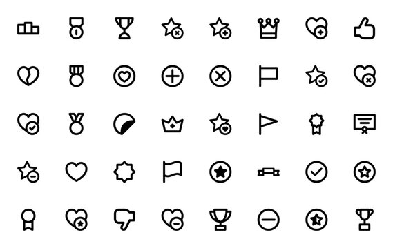 Minimal votes and regards icon set. Linear vector icns pack. Featuring podium,medal, trophy, crown, hear, like, dislike, flag, ribon, certificate and more.