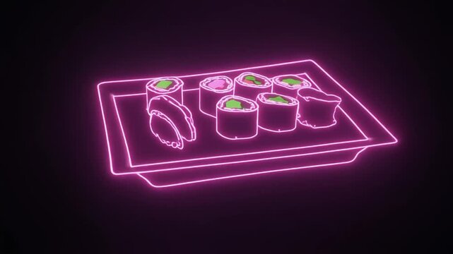 Neon-lit pink sushi platter with various rolls and sashimi on a rectangular plate against a dark background.