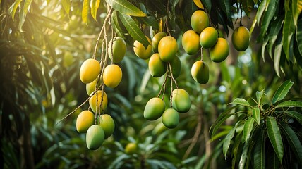 Fresh ripe and unripe mangoes growing on tree in natural sunlight

