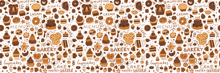 Seamless bakery pattern with hand-drawn desserts, cupcakes, cookies, donuts, cakes and pastry elements. Cute doodle sweet food background for menu design, packaging, wrapping and cafe branding.